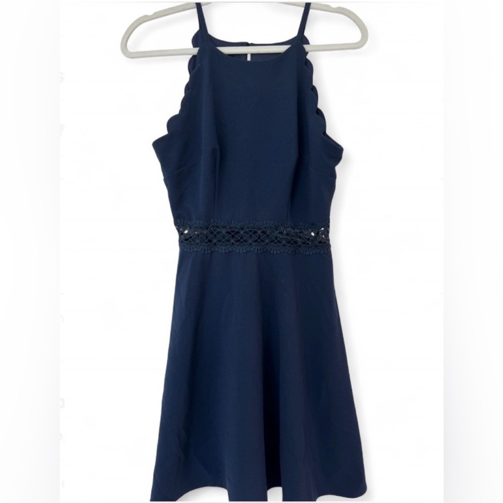 Navy Blue Fit & Flare Dress scalloped edges, cut out waist– Size 7